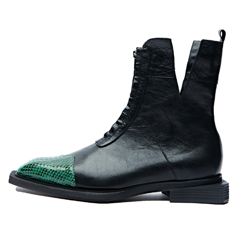 Sharped Square Toe Zip-up Boots &quot;BLACK GREEN&quot;
