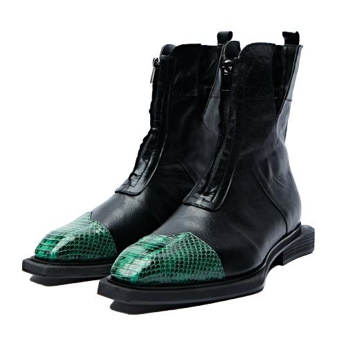 [CUSTOM-MADE] Sharped Square Toe Zip-up Boots &quot;BLACK GREEN&quot;